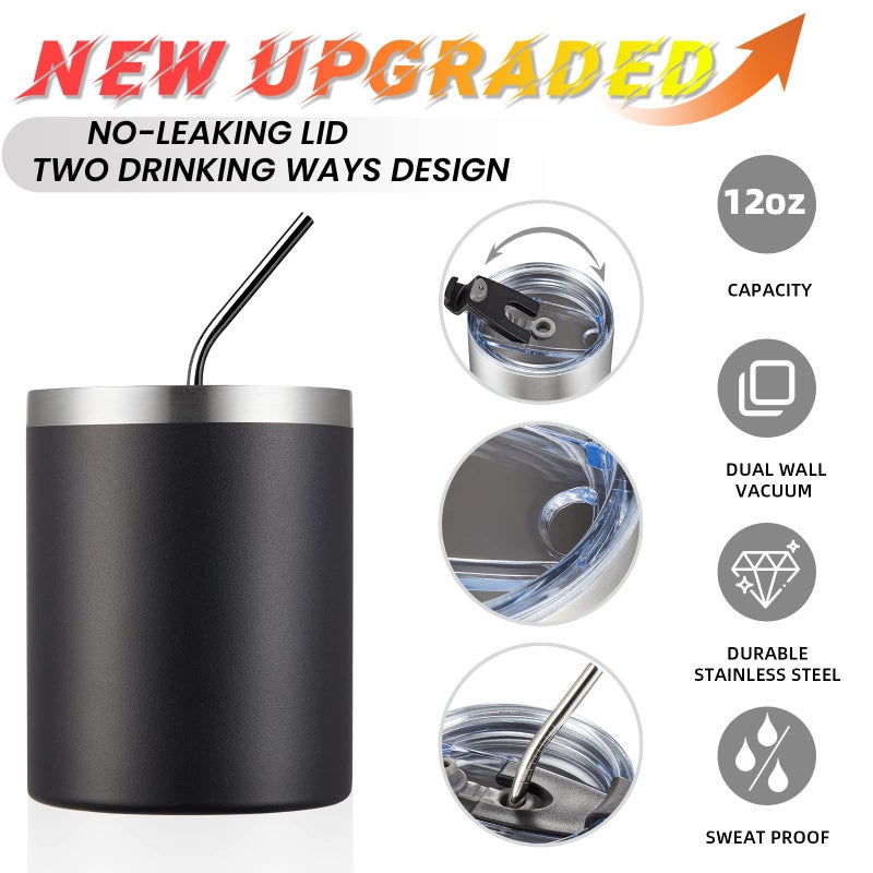 MEWAY 12 oz Lowball, Tumbler Stainless Steel Double Wall Vacuum Insulated Mug with Straw and Lid, Cleaning Brush ï¼ŒDurable Powder Coated Insulated Coffee Cup for Cold & Hot Drinks (Black, 1 Pack) - Image 4